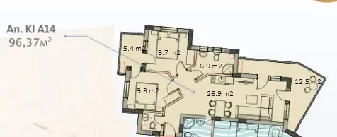 Grundriss Wohnung A14 — 2 Schlafzimmer, 96,37 m²