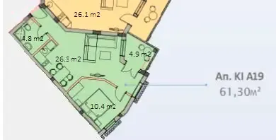 Grundriss Wohnung A19 — 1 Schlafzimmer, 61,30 m²