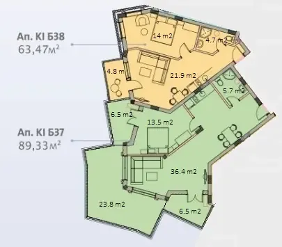 Grundriss Wohnung B37 — 1 Schlafzimmer, 89,33 m² + 23,80 m² Balkon