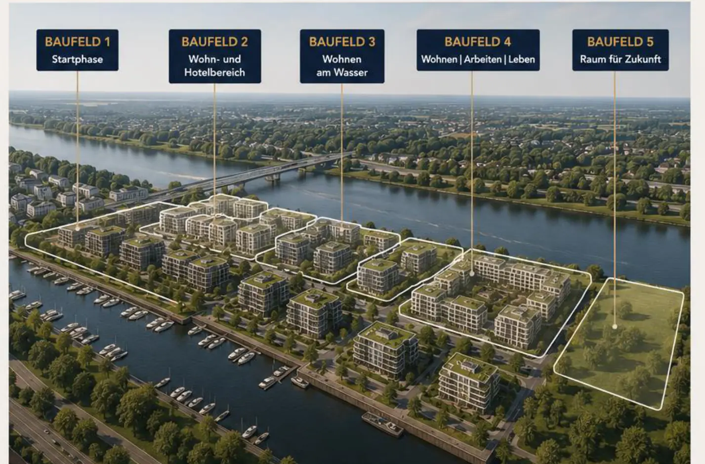 Luftbild-Visualisierung mit den fünf markierten Baufeldern des Quartiers