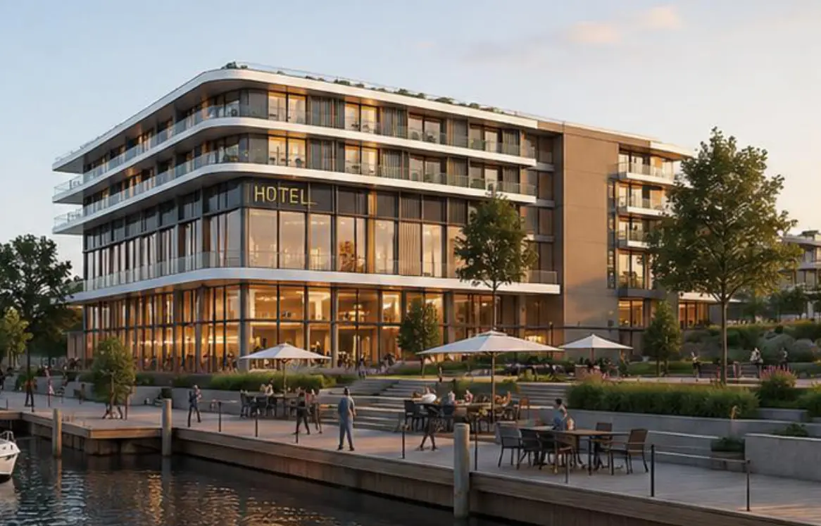 Visualisierung: das geplante Hotel mit Promenade am Wasser