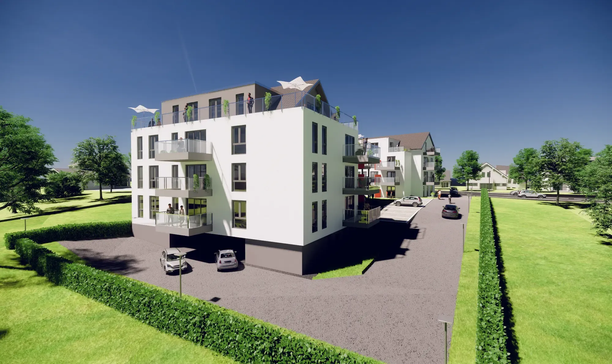 Mangenberg Karreé — Außenansicht mit Dachterrasse und Stellplätzen