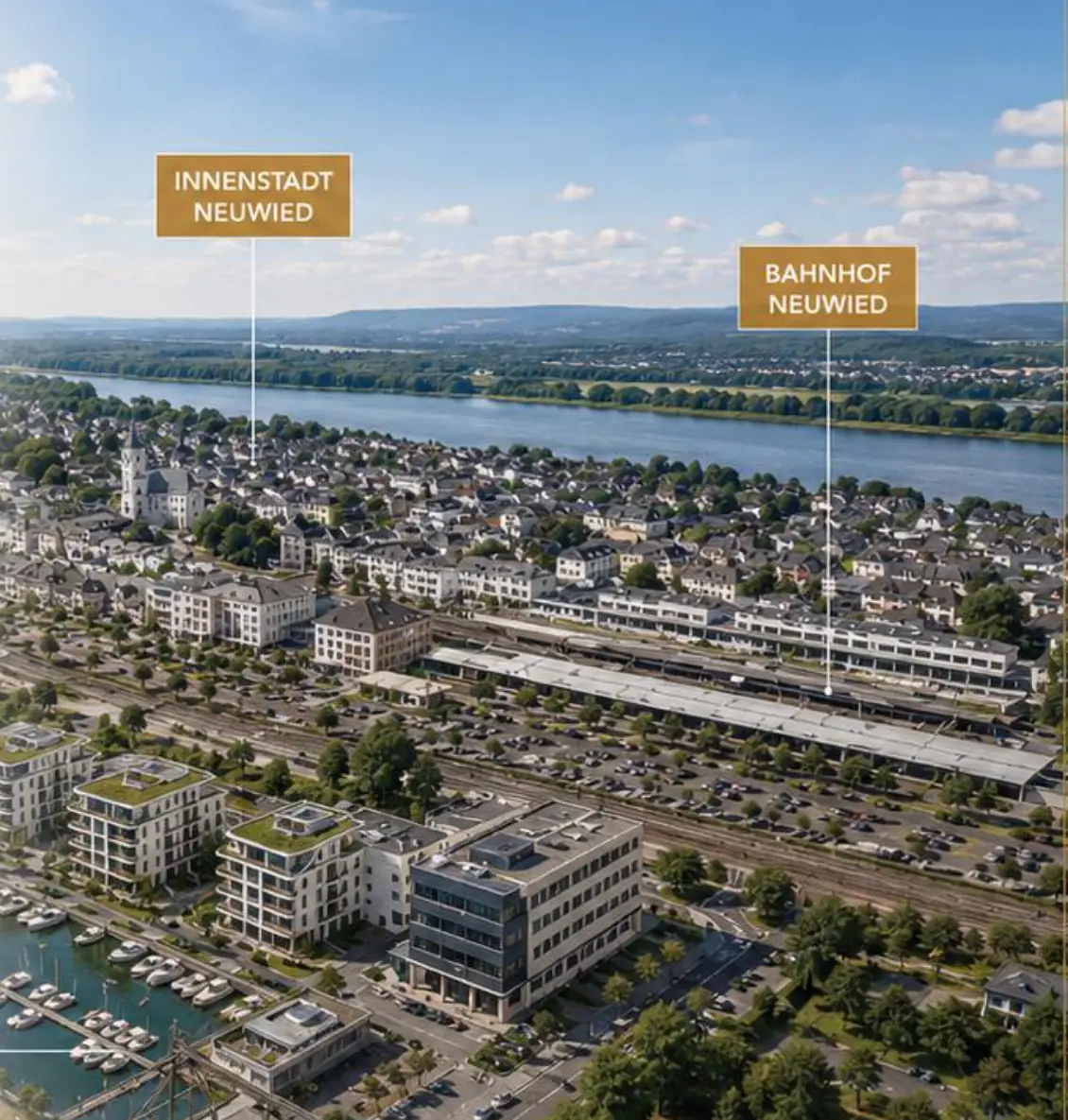 Luftbild von Neuwied am Rhein mit Innenstadt und Bahnhof