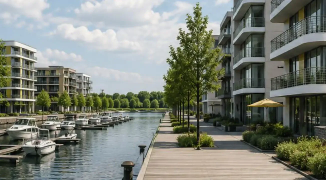 Florida am Rhein — Visualisierung der Promenade mit Wohngebäuden